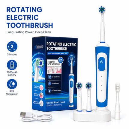 Dr Yadent Rotary Electric Toothbrush for Adults 3 Modes IPX7 Waterproof 3 Brush Heads 45 Days Battery Compatitble with Oral B
