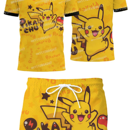 2026 Sport New Pokemon Pikachu 3D Print T-shirt Shorts Set Summer Casual Two Piece Outfit Men Women Cartoon Streetwear Tracksuit