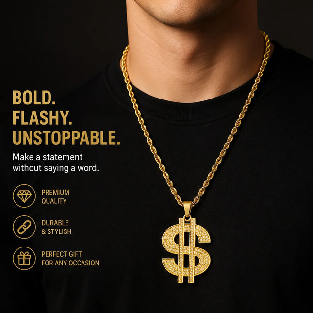 14K Gold Plated Iced Out Dollar Sign Pendant Necklace for Men, Hip Hop Bling Micro Pave CZ Money $ Symbol Chain, Heavy Duty Figaro Link Chain, Luxury Flashy Rap Jewelry Gift for Party Club Birthday