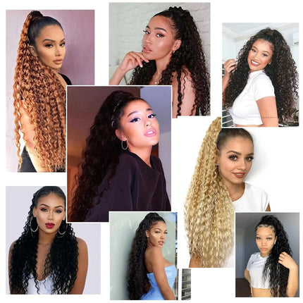 Deep Water Wave Drawstring Ponytail 100% Real Human Hair Extensions Brazilian Remy #1B Natural Black Hairpiece Clip In Pony Tail