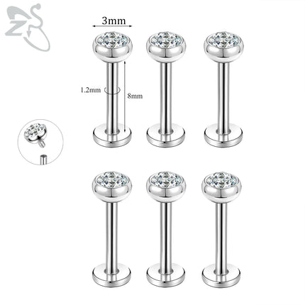 ZS 6-13PCS/LOT 16G Stainless Steel Lip Labret Piercing Set Crystal Monroe Lip Stud Ear Tragus Helix Cartilage Piercing 6/8/10mm