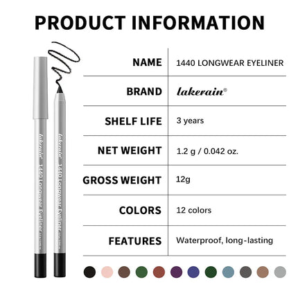 Lakerain Longwear Eyeliner 24h Long-lasting Wear Waterproof Smudge-proof Smooth Precise Application Smokey Eyeliner 12 Color