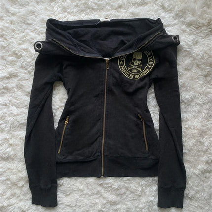 Harajuku Women Black Rhinestone Hip Hop Eagle Wing Zip Up Hoodie Gothic Lace Up Street Y2K Casual Embroidered Rhinestone Hoodie