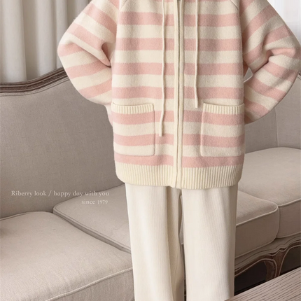 New Thin Cream Stripe Zipper Hooded Coat Spring And Autumn Dressing Up Collection Casual Fashion Trends Versatile Lazy Wind