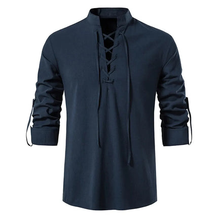 King Billion Men's Shirts Casual Men Cotton Linen Long Sleeve T-shirt Spring Autumn Vintage Shirt US Size Drawstring Neck