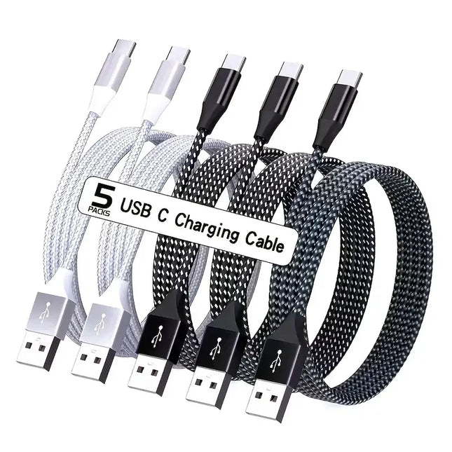 5PCS USB A to Type C Nylon Braided Fast Charging Cable Charger Cord Compatible with iPhone 16 15 Pro Max Plus for Samsung