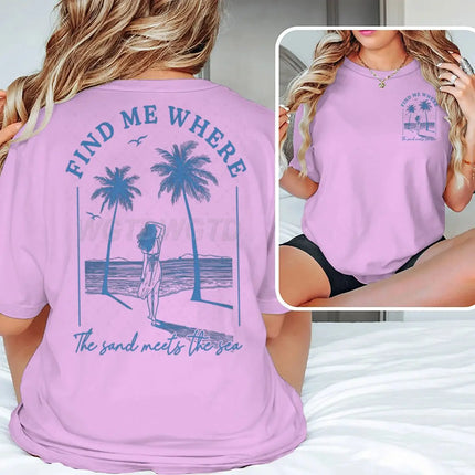 "Find Me Where The Sand Meets The Sea" T-shirts Women Vintage Ocean Beach Series Casual Short Sleeve Y2K Tops Summer Tshirts