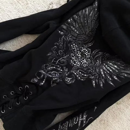 Harajuku Women Black Rhinestone Hip Hop Eagle Wing Zip Up Hoodie Gothic Lace Up Street Y2K Casual Embroidered Rhinestone Hoodie