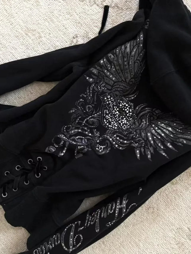 Harajuku Women Black Rhinestone Hip Hop Eagle Wing Zip Up Hoodie Gothic Lace Up Street Y2K Casual Embroidered Rhinestone Hoodie