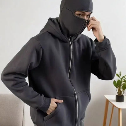 Balaclava Men Zip Hoodie Winter Warm Casual Sweatshirt Y2K with Hooded Face Mask Zipper Design Sports Jacket Outdoor Activities