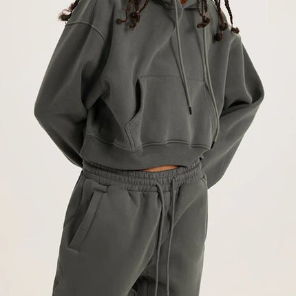 Fashion Loose Hoodies Women Autumn Winter Long Sleeve Crop Top Streetwear Solid Drawstring Hooded Shirt Casual Female Sweatshirt