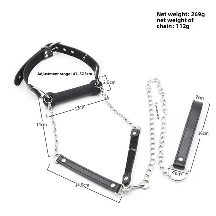 Leather BDSM Head Harness Silicone Mouth Bit Gag with Lead Chain Restraint Gear Adult Sex Toy for Men Women Fetish Role Play