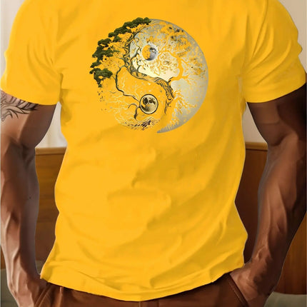 Men's summer 100% pure cotton fashionable casual loose sports yin-yang tree pattern print round neck short-sleeved T-shirt top