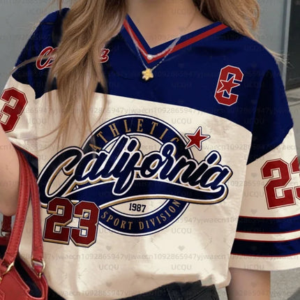 Girls Casual Sports Style California Print Short Sleeve V-Neck Women's Children Men's T-shirt Tops