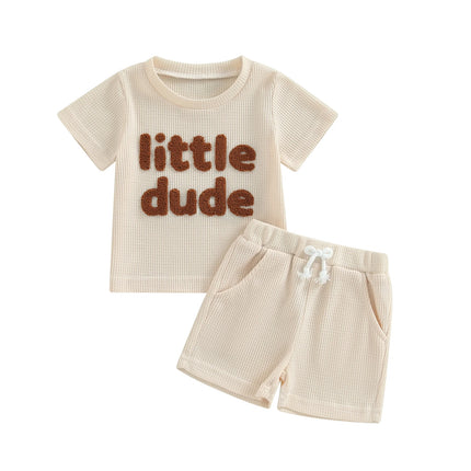 Toddler Boys Summer Outfit Sets Short Sleeve Letter Print Tops Solid Color Drawstring Shorts