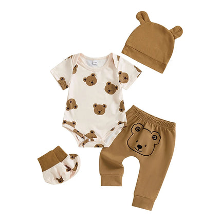 Baby Boy Summer Outfits Bear Print Short Sleeve Round Neck Romper with Pants and Hat Shoes Set