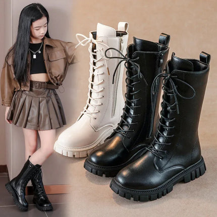 Girls' Boots Autumn Winter British Style Lace Up Long Boots Solid Color Princess Leather Boots Plus Velvet Kids Knight Boot