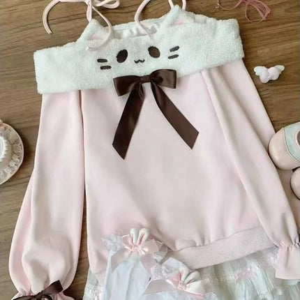 Japanese Kawaii Sweatshirts Women Autumn Sweet Bow Casual Off Shoulder Hoodies Design Elegant Lolita Tops Patchwork Coat