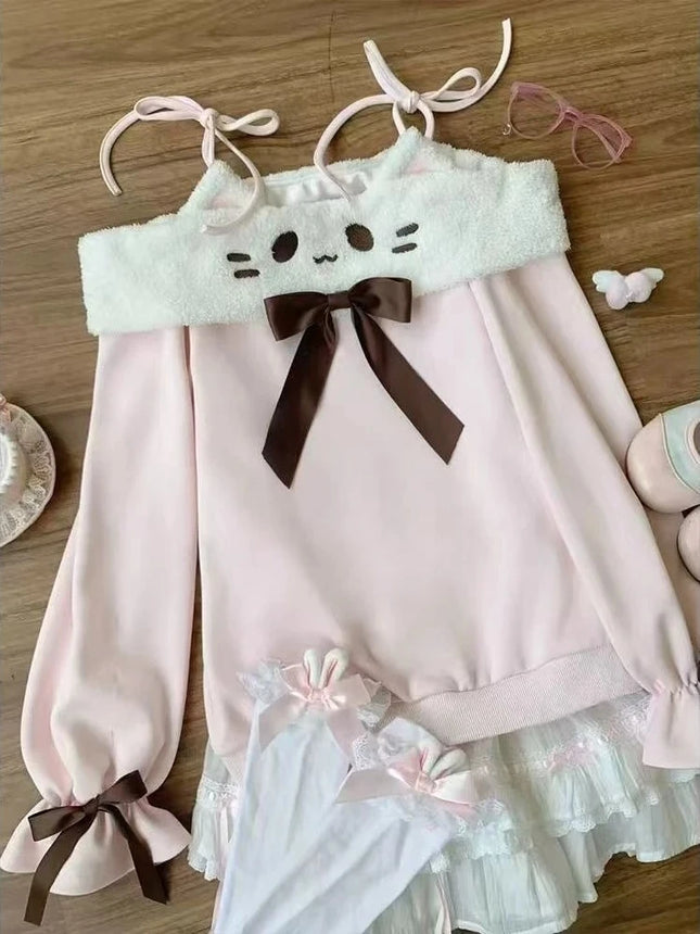 Japanese Kawaii Sweatshirts Women Autumn Sweet Bow Casual Off Shoulder Hoodies Design Elegant Lolita Tops Patchwork Coat