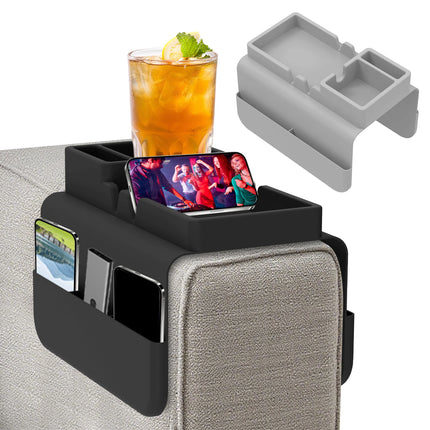 Sofa Cup Holder Silicone Sofa Armrest Tray with Side Pocket Dual Slot Beverage Snack Storage Phone Remote Control Organizer