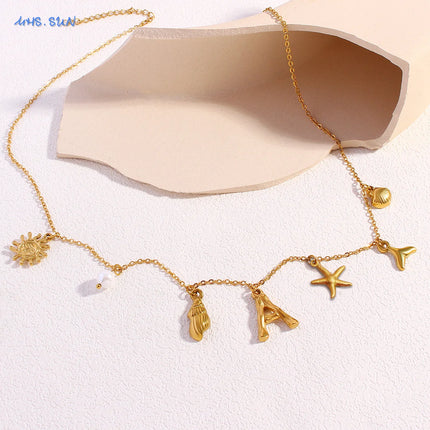 MHS.SUN Starfish Shell Initial Necklace Waterproof 18K Gold Plated Stainless Steel Charm Necklaces Surfer Girl Summer Beach Gift