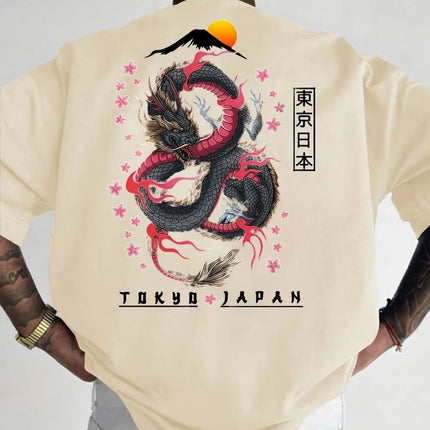 Fashionable men's summer new dragon print flower comfortable breathable round neck T-shirt outdoor street style top