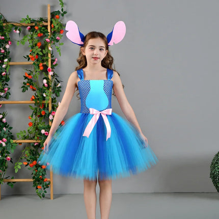 Stitch Cosplay Costume Baby Girls Alien Cartoon Animal Fancy Tutu Dress Kids Halloween Carnival Party Outfit with Ears Hairbow