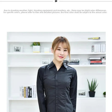Black Long Sleeve Women's Shirt Professional Formal V-neck Workwear Slim Fit Cotton Work Uniform Button-up Casual Shirt
