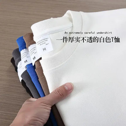 Black White GSM 500g Heavy-duty Pure Cotton T-shirt, Thickened Threaded Round Neck Short Sleeves, Three-Needle Half Sleeve Tees