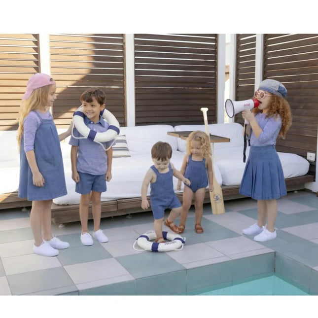 AP SS26 blue denim collection kids boys girls spring summer fashion jeans pleated skirt jumper shirt family clothing clothes