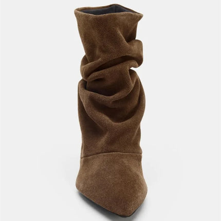 Liyke Brown Retro Elegant Designer Ankle Boots Women Fashion Pleated Suede Autumn Winter Low Thin Heels Party Prom Chelsea Shoes