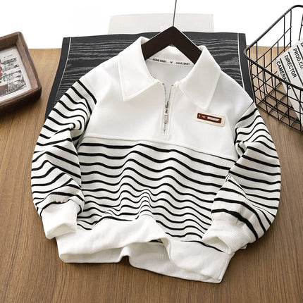 Children's Sweatshirt Spring Autumn Kids Boys' Half-zipper Sweatshirt Striped Lapel Middle and Big Children's Round Neck Tops