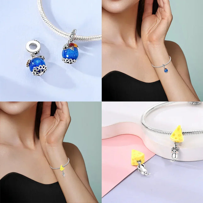925 Silver Animal Series Snail Lamb Fox Chicken Duck Beaded Pendants Fit Bracelets Necklaces Fine Jewelry Making Gifts