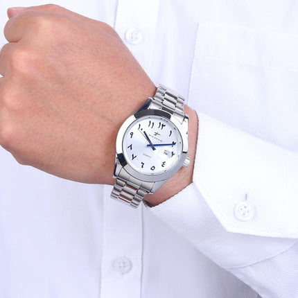 A quartz wristwatch with a stainless steel strap and personalized dial, equipped with a date display function. The simple and atmo