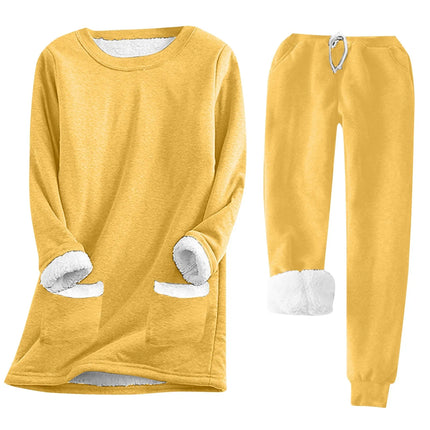 Women Winter Thicken Pajama Sets Fleece Warm Lined Long Sleeve Sweatshirt Sweater With Pant Suits 2pcs Bottoming Thermal Sets