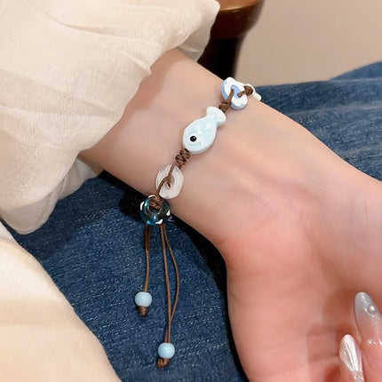 Ceramic Fish Stars Braided Rope Bracelets for Women Cute Blue Small Buttons Bracelets Romantic Adjustable Jewelry Accessories