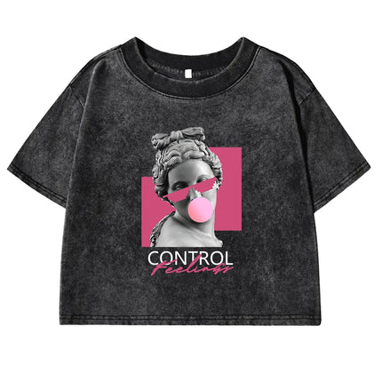 A Sculpture Of A Woman Blowing Bubbles Print Women Washed T Shirt Cotton Casual  Short Sleeve Crop Top Street All-Match Tee