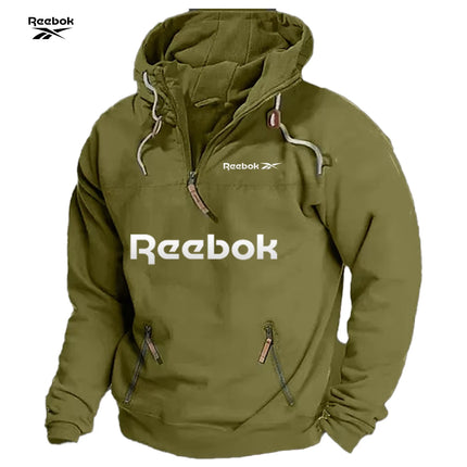 Reebok Men's Spring/Autumn Hooded Sweatshirt, Retro Sports Style, Loose Casual Top, Solid Color with Multiple Zippers Design