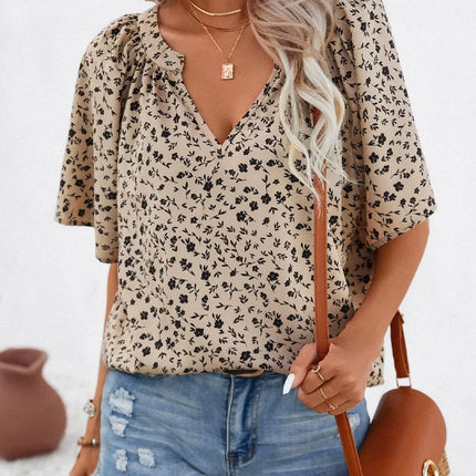 Plus Size Women's Shirts, All-Over Printed Short-Sleeved Stand Collar Shirts, Women's Office Casual Tops