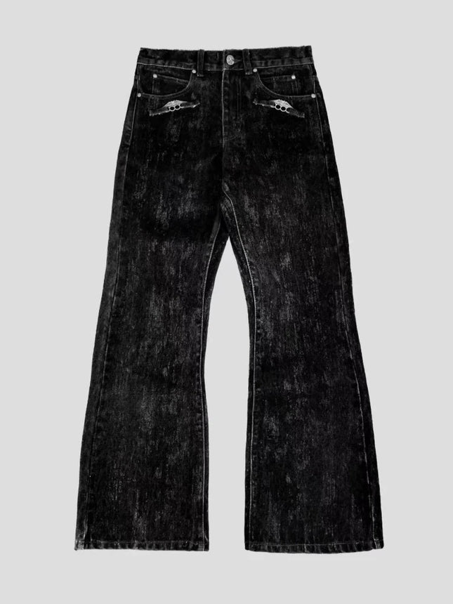 Mens Jeans American Vintage Flocked Flared Denim Pants Harajuku Unisex Loose Fit High Street Streetwear Ins Style Fashion New