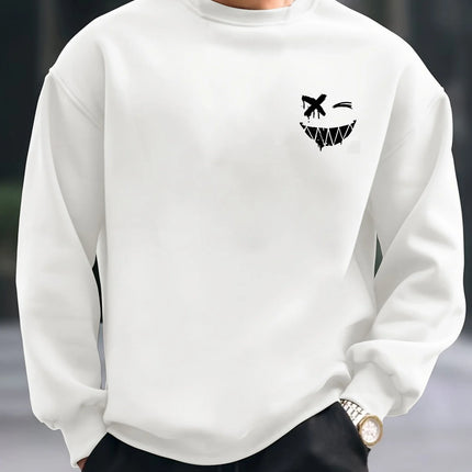 Men's autumn and winter warm casual loose fashionable classic smiling face pattern printed long sleeved round neck sweatshirt