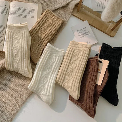 New Cashmere Wool Socks Women's Winter Thicken Warm Black White Pack Set Thermal Japanese Fashion Solid Color