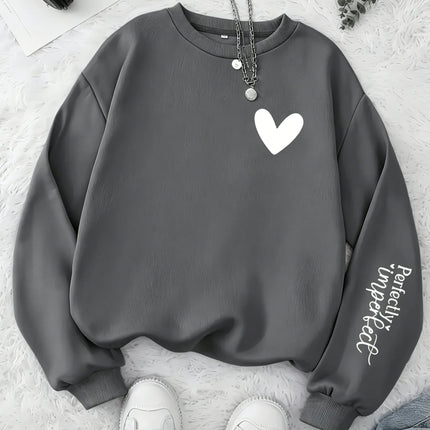 Women Perfectly Imperfect Letter Print Sweatshirt Cute Heart Crew Neck Pullover Casual Soft Fleece Long Sleeve Girls Streetwear