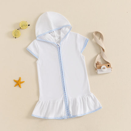Toddler Girl Hooded Beach Coverup Summer Infant Stripe Print Zipper Robe Children Short Sleeve Summer Swimwear Cover-up