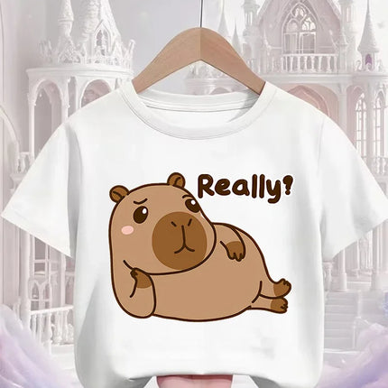 Cute Kawaii Capybara Crew Neck T Shirt Summer 3-14Y Boys Girls Fashion Street Hot Cartoon Casual Children