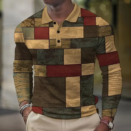 Men's 3D Printed Retro Plaid Pattern Golf Shirt Long Sleeve Polo Shirt Business Casual Formal Button Collar Autumn and Winter