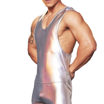 Black Gold Silver Men Metallic Faux Leather Tank Tops Sleeveless Short Jumpsuit Sexy Tight Bodysuit Fitness Wrestling Shapewear