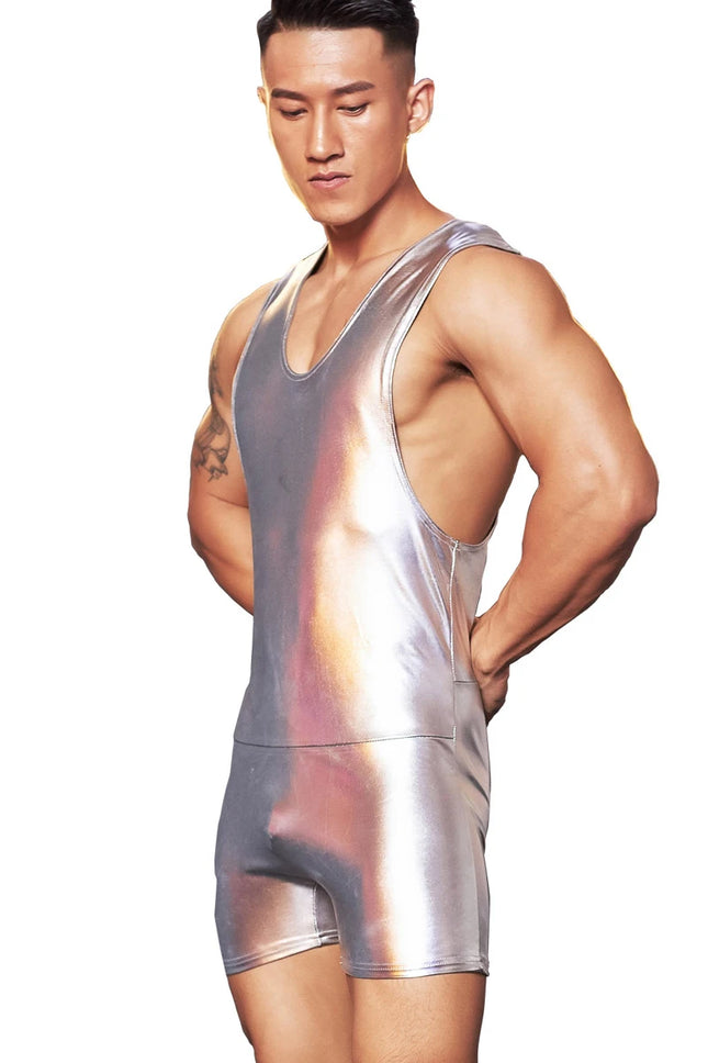Black Gold Silver Men Metallic Faux Leather Tank Tops Sleeveless Short Jumpsuit Sexy Tight Bodysuit Fitness Wrestling Shapewear