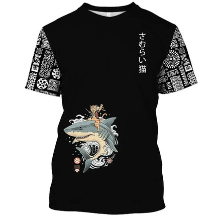 Japanese Samurai Cat Print T Shirt For Men Casual Simplicity O-neck Short Sleeve Fashion Trend Harajuku Streetwear Oversized Top