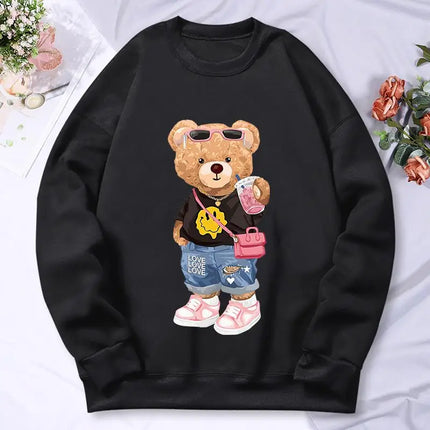 Bear Sister Drinking Milk Tea Printing Women'S Hoody Autumn Warm Fleece Sweatshirt Casual Hoodies Hip Hop Loose Pullovers Top